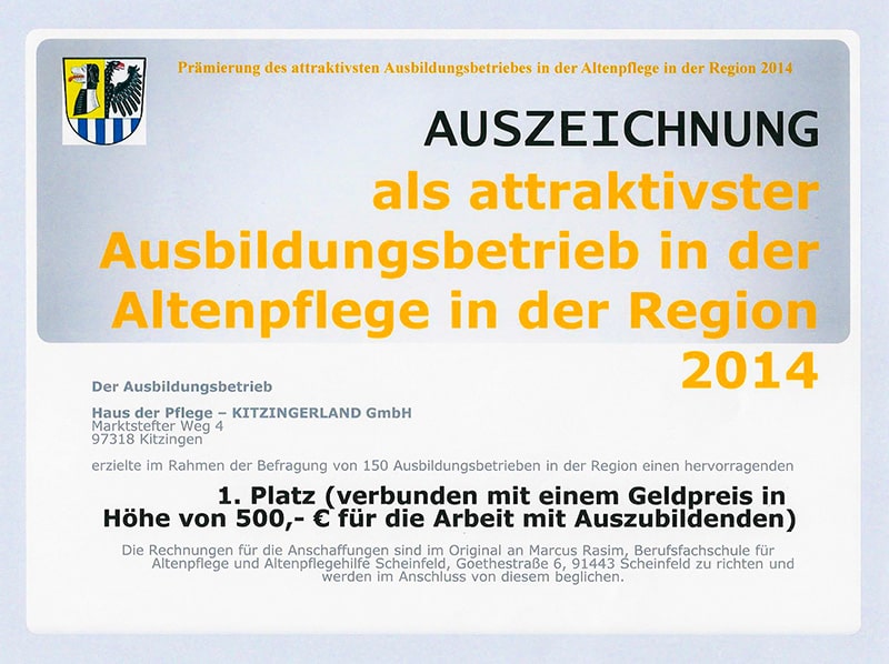Auszeichnung als attraktivster Ausbildungsbetrieb in der Altenpflege in der Region 2014 - Haus der Pflege Kitzingerland
